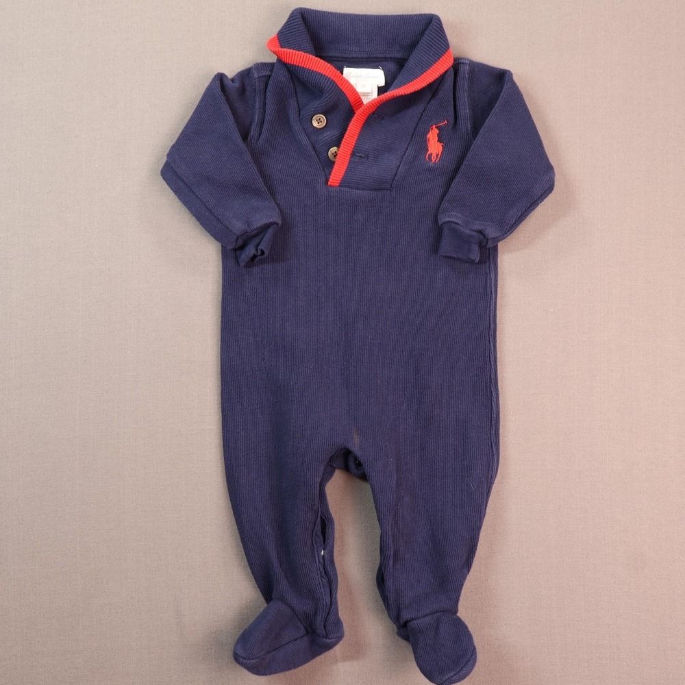 Ralph Lauren Coverall Boys 3-6M Blue Knit Collared Footed One Piece Polo Logo